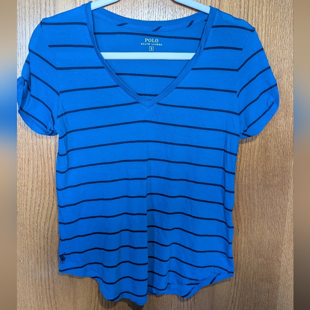 Polo by Ralph Lauren Women's Blue Striped V-Neck Top